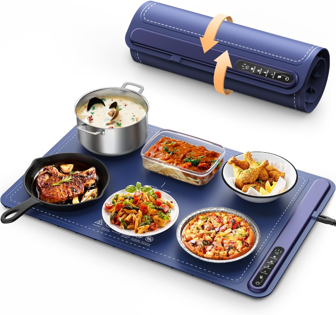 KPPTYUM electric warming tray with various dishes, featuring a foldable and portable design for convenient storage and efficient food heating, ideal for versatile use