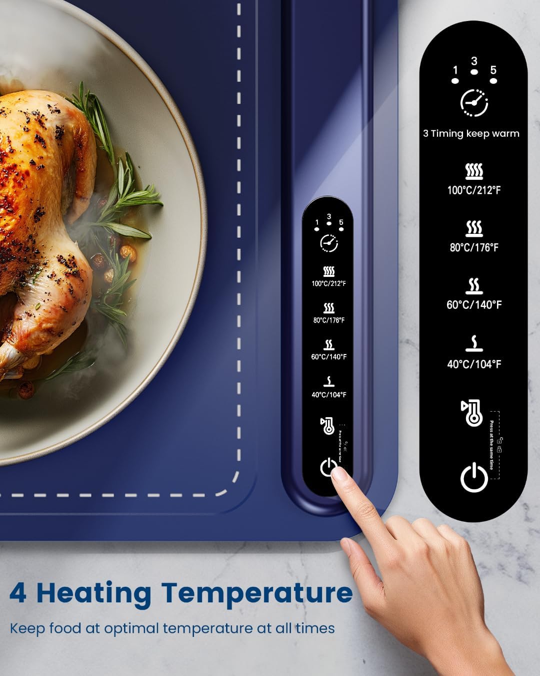 KPPTYUM electric warming tray with 4 heating temperature settings (40°C/104°F, 60°C/140°F, 80°C/176°F, and 100°C/212°F) displayed on a touch control panel, shown with a roasted chicken for optimal food warming convenience