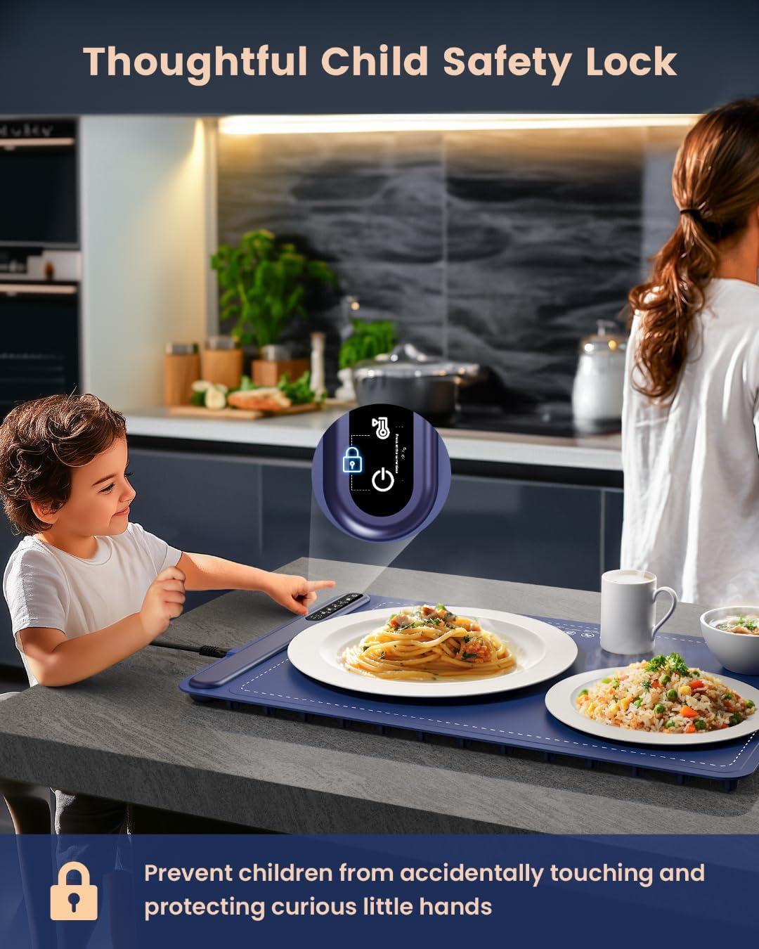 KPPTYUM electric warming tray featuring a thoughtful child safety lock to prevent accidental touches and protect curious little hands, ensuring safe and secure use in family kitchens.