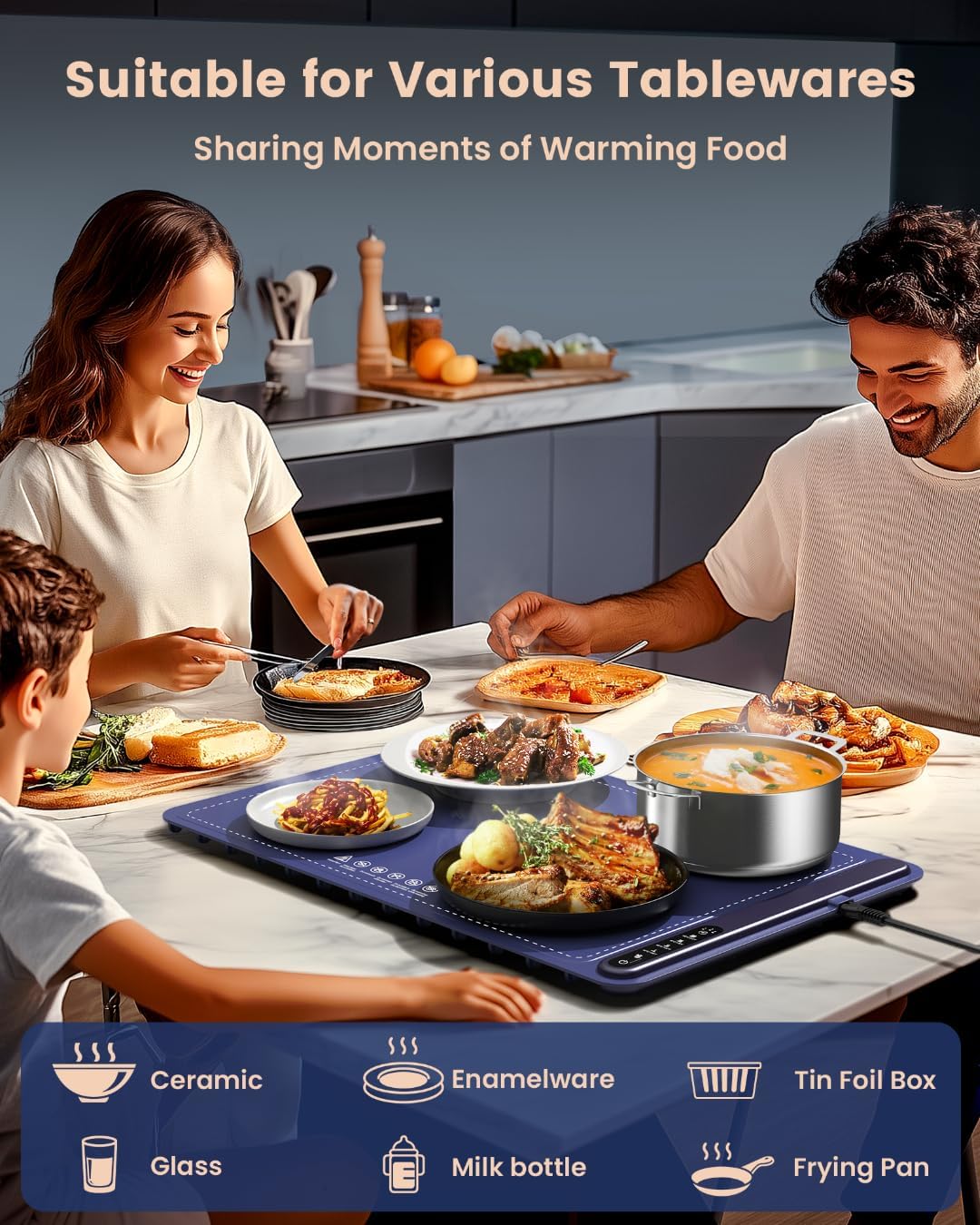 KPPTYUM electric warming tray showcasing compatibility with various tableware, including ceramic, enamelware, glass, milk bottles, tin foil boxes, and frying pans, ideal for family meals and sharing warm food moments