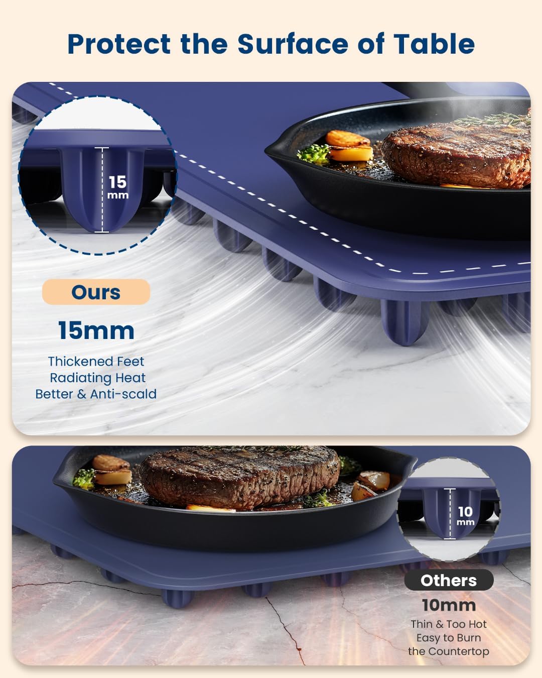 KPPTYUM electric warming tray featuring 15mm thickened feet for better heat radiation and anti-scald protection, compared to a thinner 10mm alternative that risks burning countertops, shown with a sizzling steak in a pan